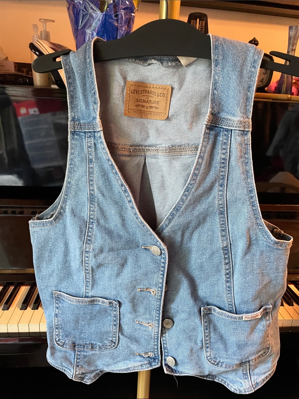 Levi's Light Blue Denim Vest with Tan Leather Patch